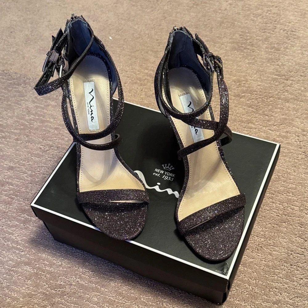 Nina Women's Glittery Black Strappy Heels - Picture 2 of 4